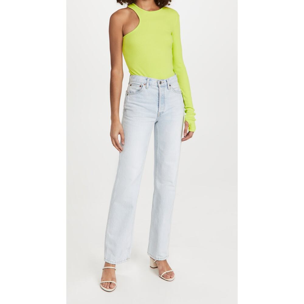 AGolde Bea Asymmetric Cutaway Thong Bodysuit Lime Green Thumb Hole Size Large